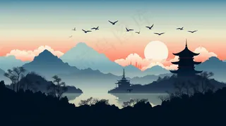 中国山水水天一色水墨画插画 