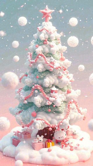 冬天圣诞树有小猫可爱，雪球雪花圣诞节