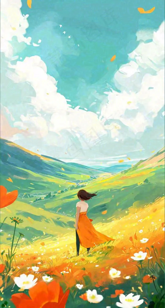春日浪漫山脉鲜花草坪里的女孩，油画手绘插画，春分(800x1488)