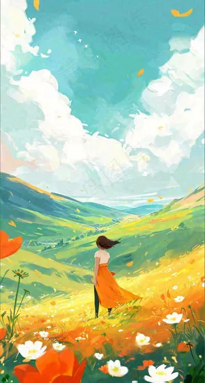 春日浪漫山脉鲜花草坪里的女孩，油画手绘插画，春分
