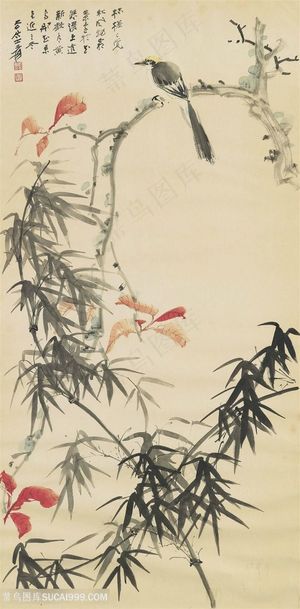 张大千手绘水墨竹子鸟装饰画