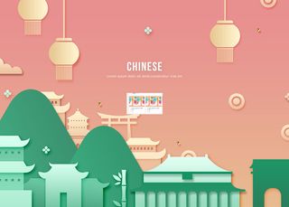 旅游景点艺术风剪纸建筑PSD素材