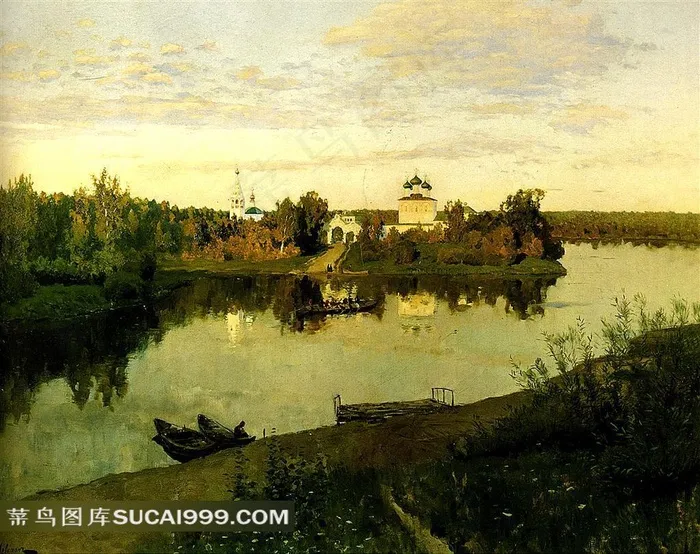 河道旁的村庄油画