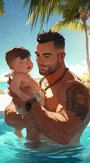 夏日泳池父爱父亲节家庭游泳，蓝天阳光，大暑小暑暑期