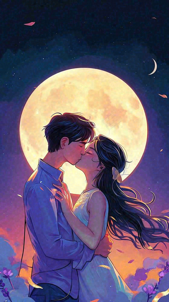 月光下情侣拥抱亲吻爱情情人节，浪漫温馨夜晚月亮