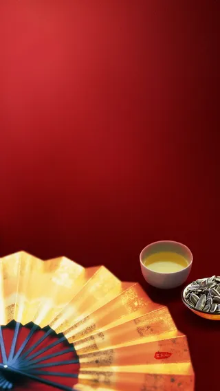 红色简约相声折扇茶杯素材