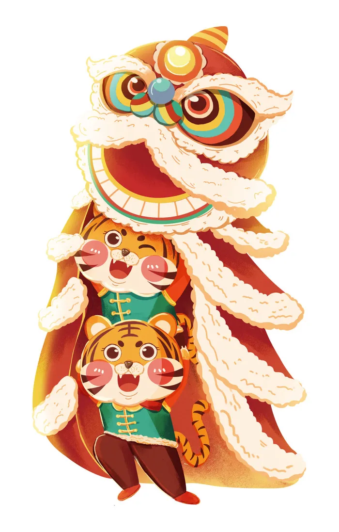新年春节虎年元宵手绘人物舞狮卡通狮子头插画元素PSD设计素材psd模版下载