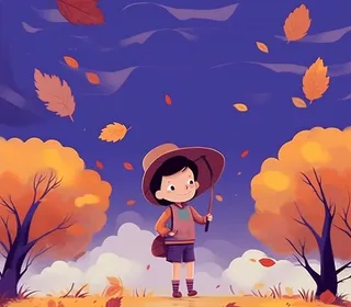 可爱儿童蓝色丰收落叶背景