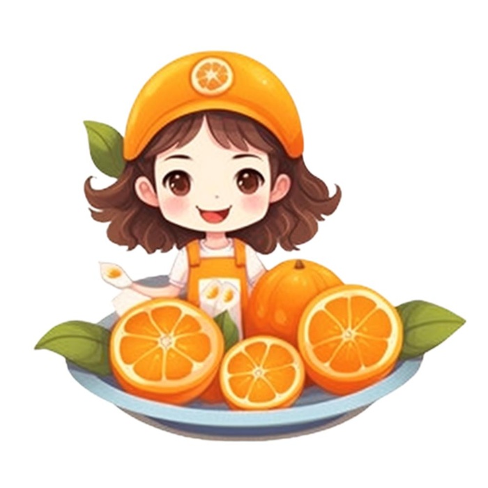 在橙子盘子里的女孩插画免抠(1024x1024)