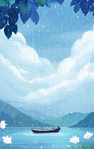 春天雨天湖面山脉小船植物花朵，雨水谷雨