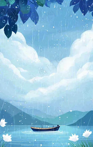 春天雨天湖面山脉小船植物花朵，雨水谷雨