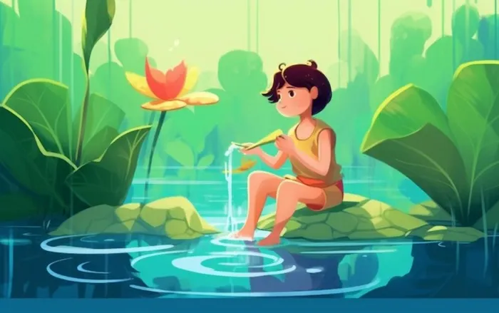 湖泊坐着睡莲上的人碧蓝插画背景(1376x864)