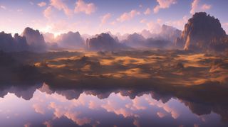 黄昏下的湖泊与雄伟山脉风景插画壁纸