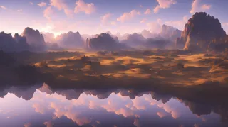 黄昏下的湖泊与雄伟山脉风景插画壁纸