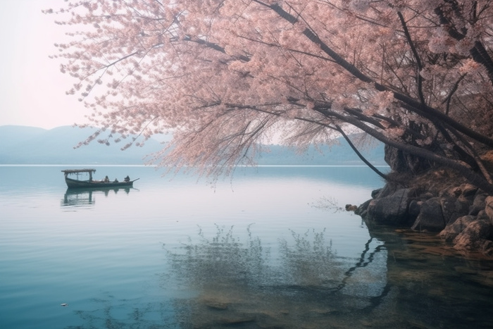 湖边的树开满了花朵，湖上有一艘船摄影图桌面壁纸(5376x3584)