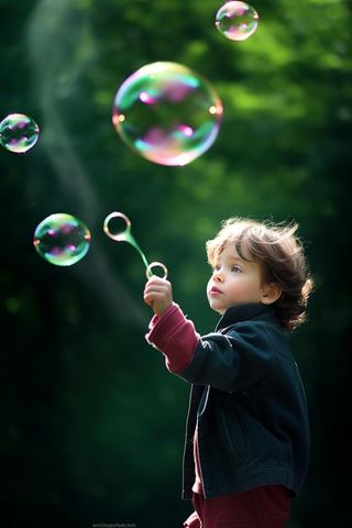 小孩吹泡泡玩耍绿叶背景