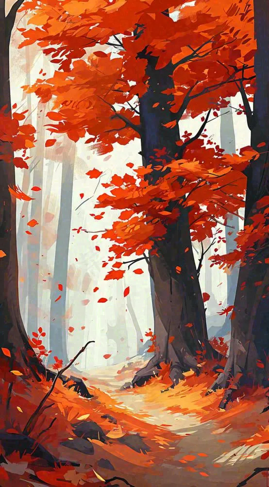 秋天红色秋叶树落叶温馨自然风景，立秋手绘插画(816x1472)