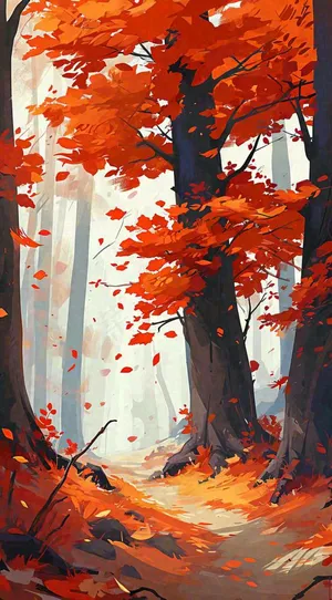 秋天红色秋叶树落叶温馨自然风景,立秋手绘插画 秋天红色秋叶树落叶温馨自然风景,立秋手绘插画