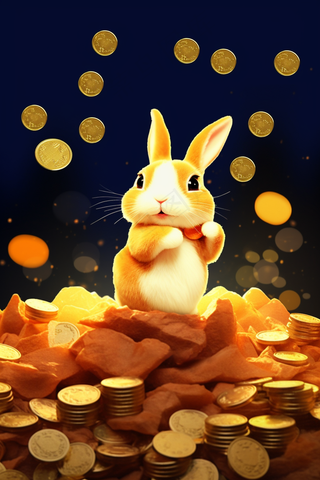 金币堆上的白兔素材背景