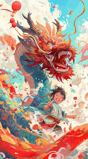 祥龙喜庆欢乐节日，蓝天白云儿童手绘插画