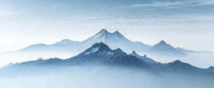 雪山山脉云层云端意境冰山，自然风景冬天蓝天白云摄影图(1712x704)