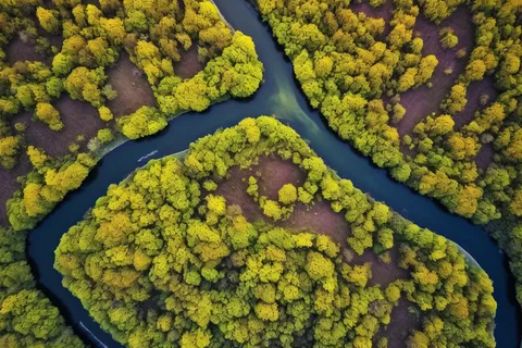 俯瞰下的森林河流摄影图