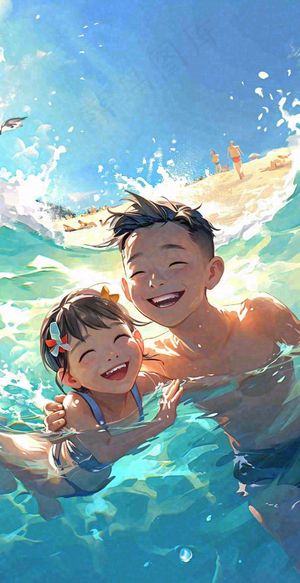 夏天父子游泳泳池蓝天白云清新手绘插画