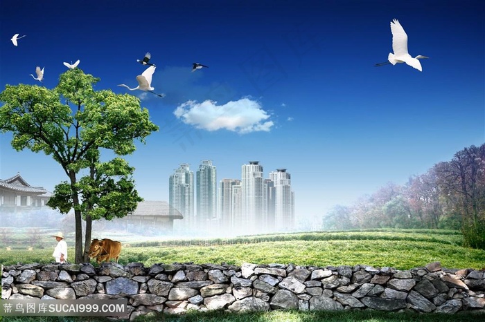 高楼美景风景画韩式自然背景