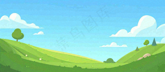 春天卡通扁平插画手绘蓝天绿色草地，春游，郊游，踏青(1632x720)