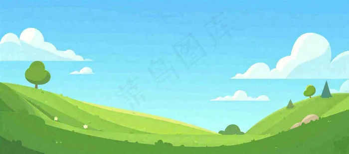 春天卡通扁平插画手绘蓝天绿色草地，春游，郊游，踏青(1632x720)