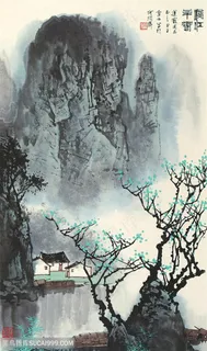 白雪石水墨山脉唯美风景画装饰画