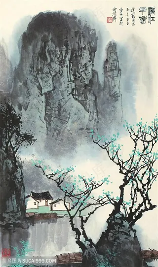 白雪石水墨山脉唯美风景画装饰画