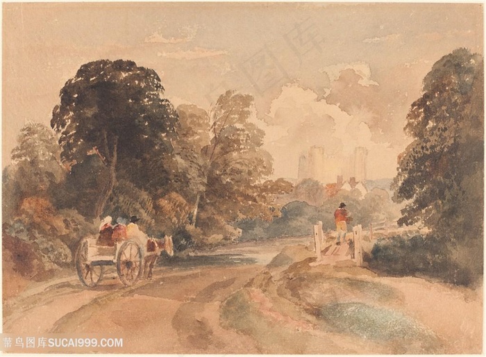 道路树林马车风景画油画