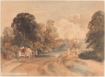 道路树林马车风景画油画 道路树林马车风景画油画
