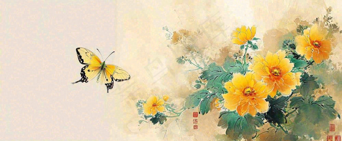 温馨纹理橙色花朵鲜花蝴蝶意境唯美渐变，中国风