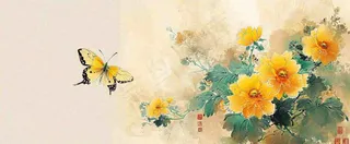 温馨纹理橙色花朵鲜花蝴蝶意境唯美渐变，中国风