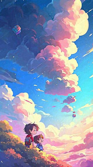 儿童节温馨蓝天白云热气球，活力玩耍卡通手绘插画