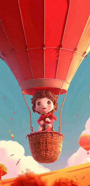 热气球可爱儿童天空插画，儿童节游玩