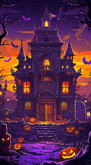 万圣节恐怖城堡南瓜夜晚暗紫色卡通节日