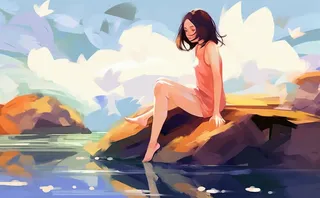 绚丽天空女孩坐着石头上漫画风背景