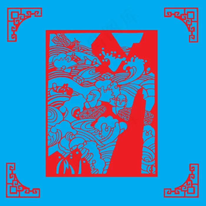 山水剪纸 剪纸风元素ai矢量模版下载