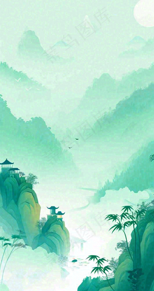 国风意境山水画落日绿色(800x1504)