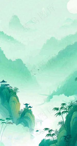 国风意境山水画落日绿色