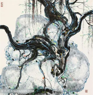吴冠中手绘水墨树枝抽象装饰画