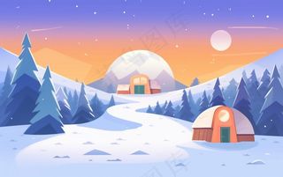 冬季晚霞白雪乡村村庄雪花雪景卡通插画背景