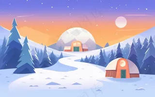冬季晚霞白雪乡村村庄雪花雪景卡通插画背景