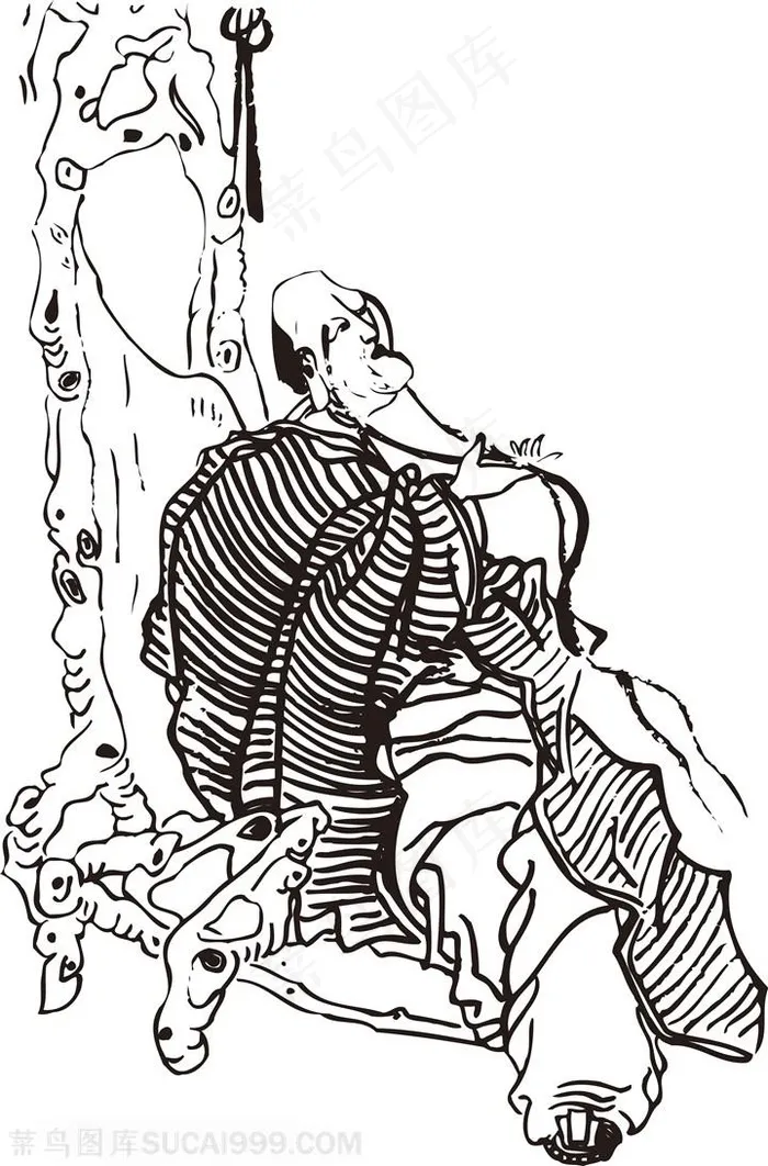 大树下的僧人手绘线描108罗汉矢量PNG绘画图片