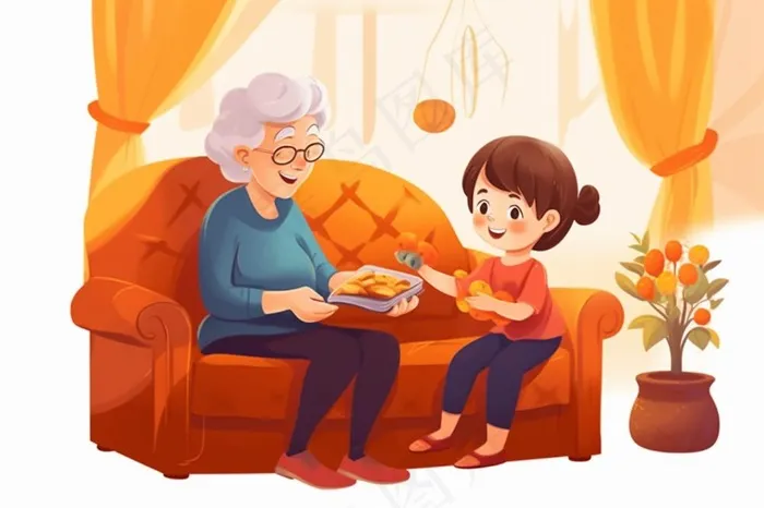奶奶孙女品尝美食陪伴欢乐插画素材背景(1344x896)