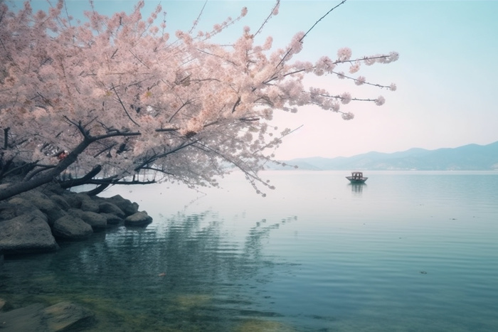 湖边的树开满了花朵，湖上有一艘船摄影图桌面壁纸(5376x3584)