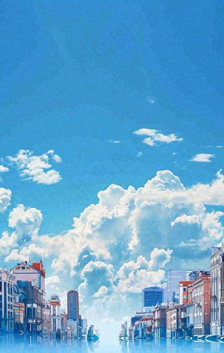 城市建筑倒影蓝天白云摄影图